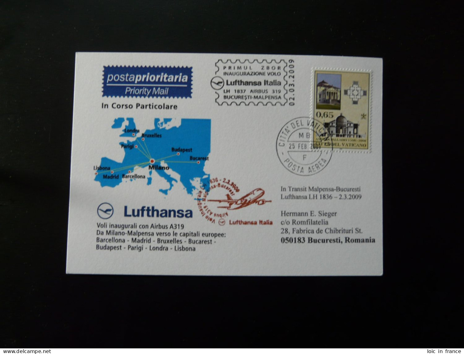 Premier Vol First Flight Vatican Bucharest Via Malpensa Airbus A319 Lufthansa 2009 - Storia Postale