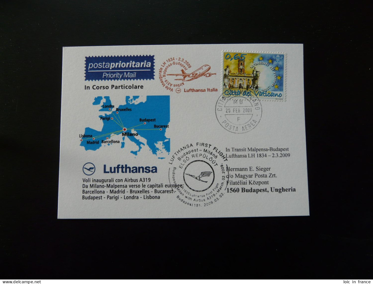 Premier Vol First Flight Vatican Budapest Via Milano Airbus A319 Lufthansa 2009 - Lettres & Documents