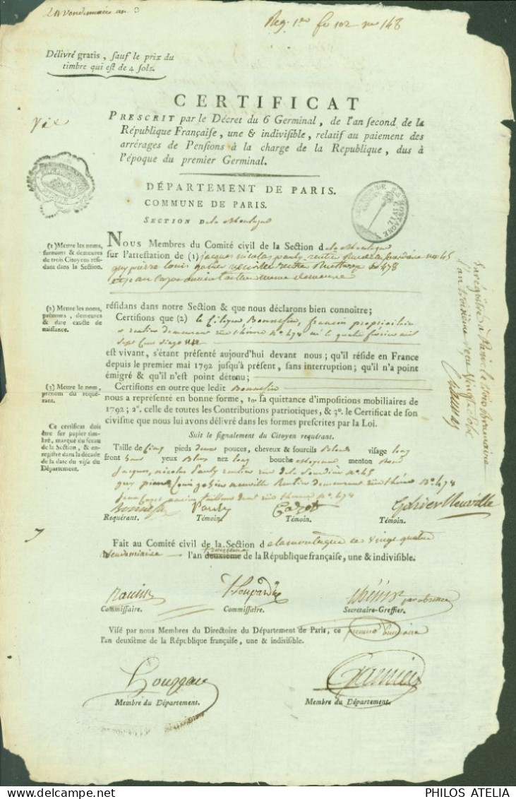 Comité Civil Section De Montagne & Membres Directoire Département Paris Révolution Certificat Résidence & Non émigration - Politisch Und Militärisch