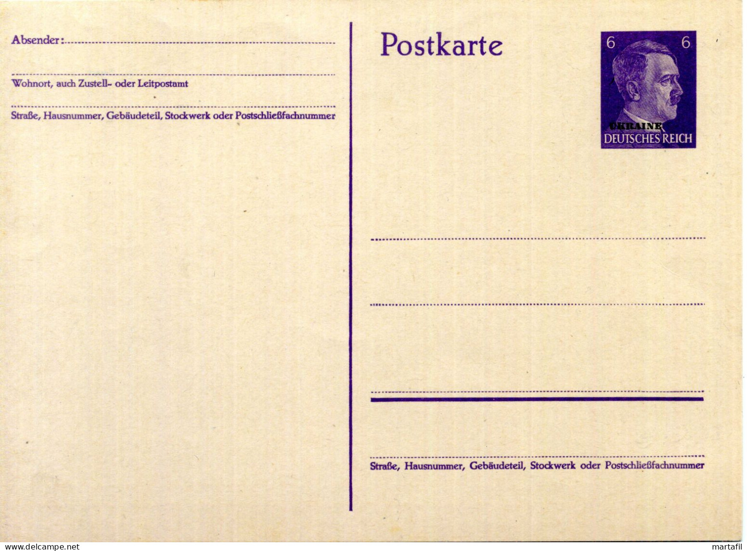 UKRAINE, Occ. Tedesca Ucraina, Postkarte - Cartolina Postale Nuova, 6 Adolf Hitler - Occupation 1938-45