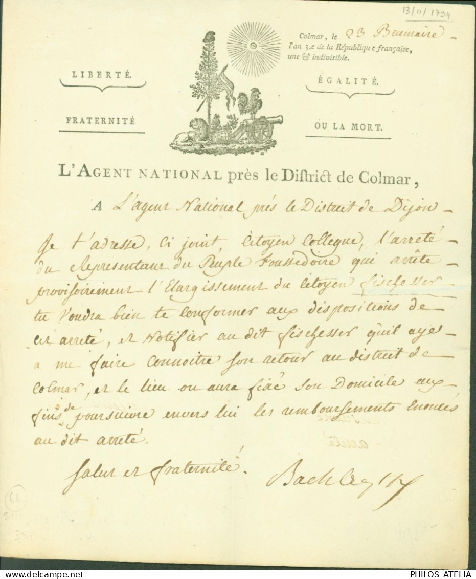 LAS Lettre Autographe Signature Agent National District Colmar à Celui De Dijon Révolution Haut Rhin Arrêté - Politiek & Militair