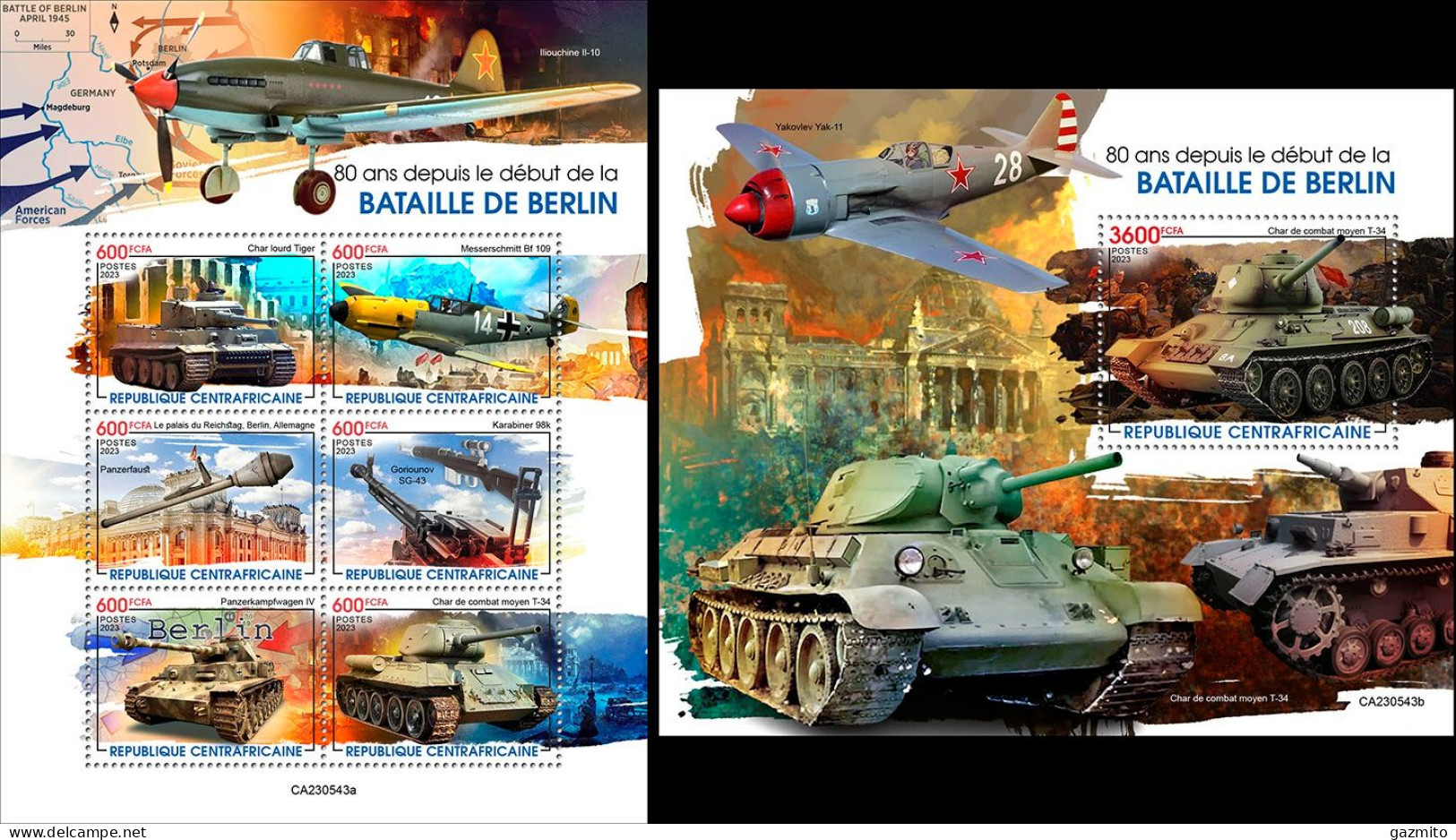 Centrafrica 2023, WWII, Battle Of Berlin, Tank, Planes, 6val In BF+BF - Andere (Aarde)
