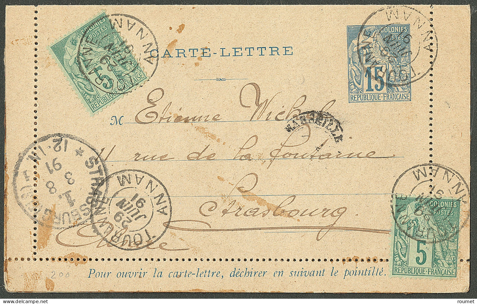 Lettre Cad "Touranne/Annam". Entier 15c Bleu + CG 49(2) Pour Strasbourg, 1891. - TB - Other & Unclassified