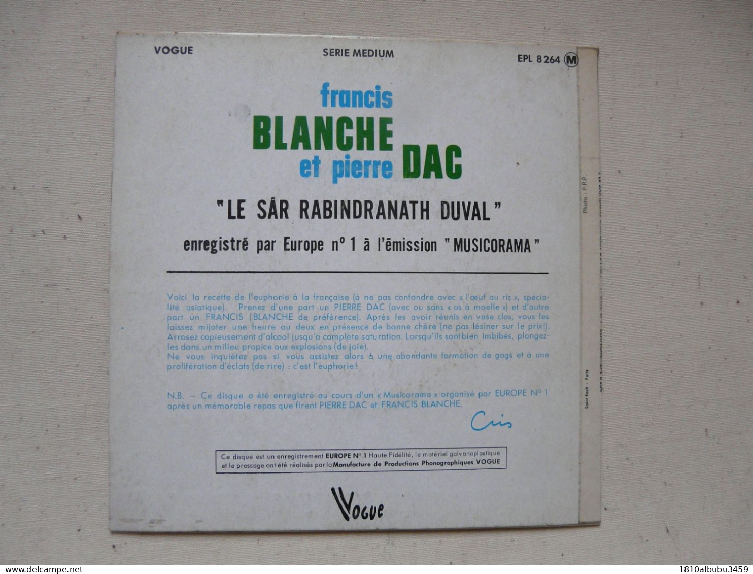 VINYLE - 45 T : FRANCIS BLANCHE & PIERRE DAC - "Le SAR RABIN DRANATH DUVAL" - Collectors