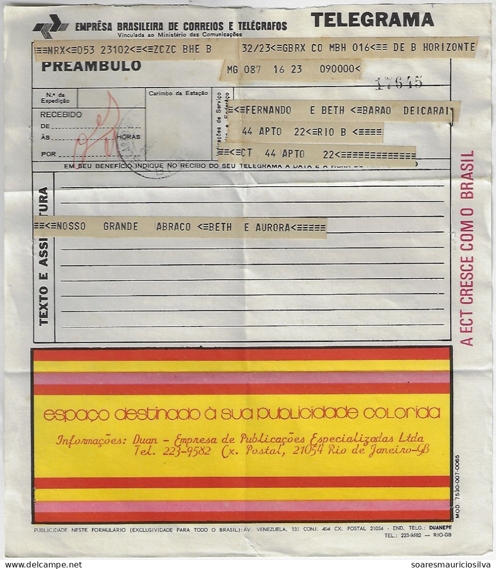 Brazil 1970s Telegram Shipped In Rio De Janeiro Authorized Advertising Of Duan Specialty Publishing Co Yellow Background - Brieven En Documenten