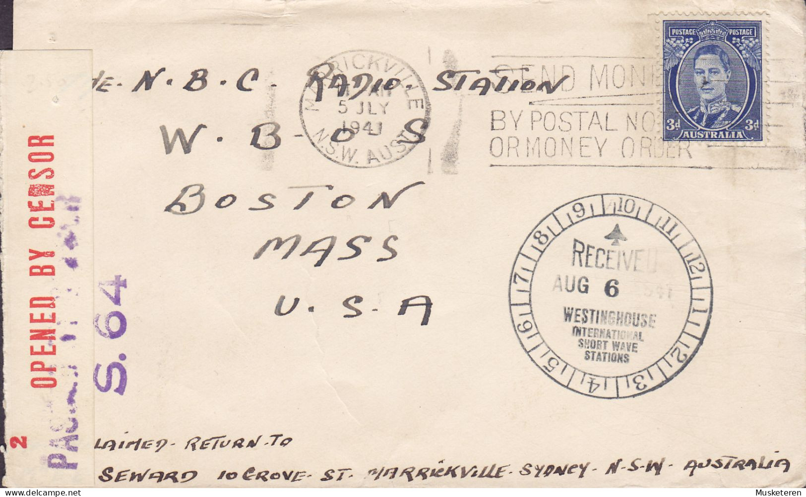 Australia Slogan 'Send Money' MARRICKVILLE NSW. 1941 Cover Brief NBC Radio Station BOSTON USA, OPENED BY CENSOR Label - Briefe U. Dokumente