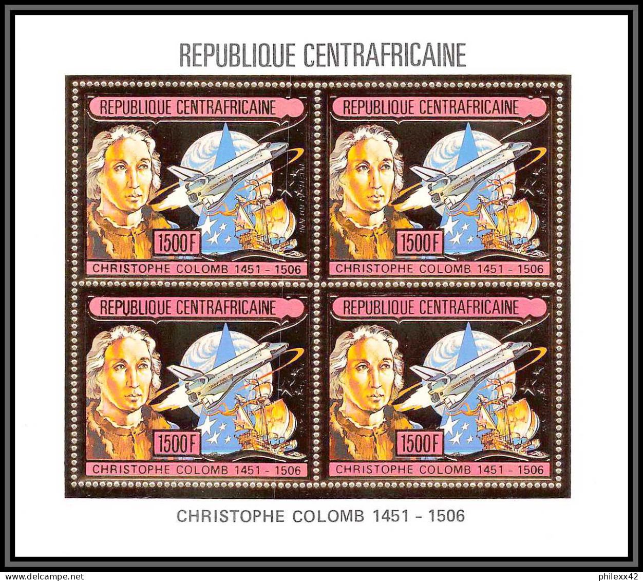 85988/ N°1201 A Christophe Colomb Christopher Columbus Centrafricaine OR Gold ** MNH Espace Space Bloc 4 Discount - Christoffel Columbus
