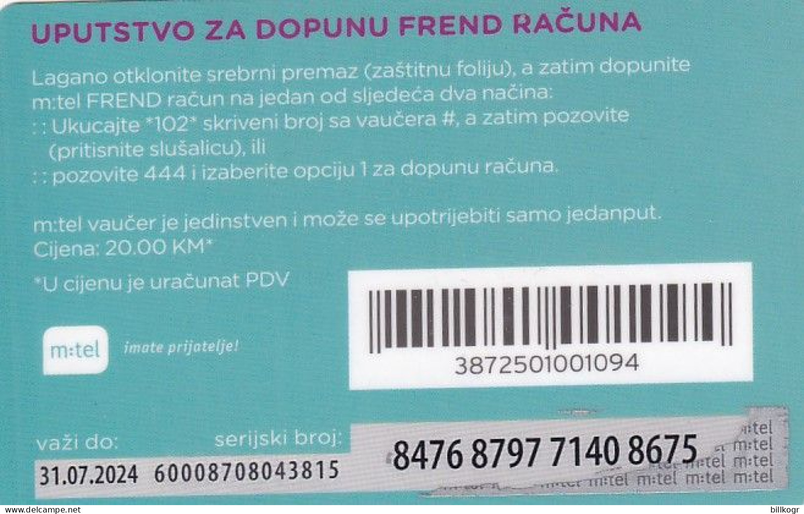 BOSNIA - Frend Prepaid Card 20 KM, Exp.date 31/07/24, Used - Bosnie