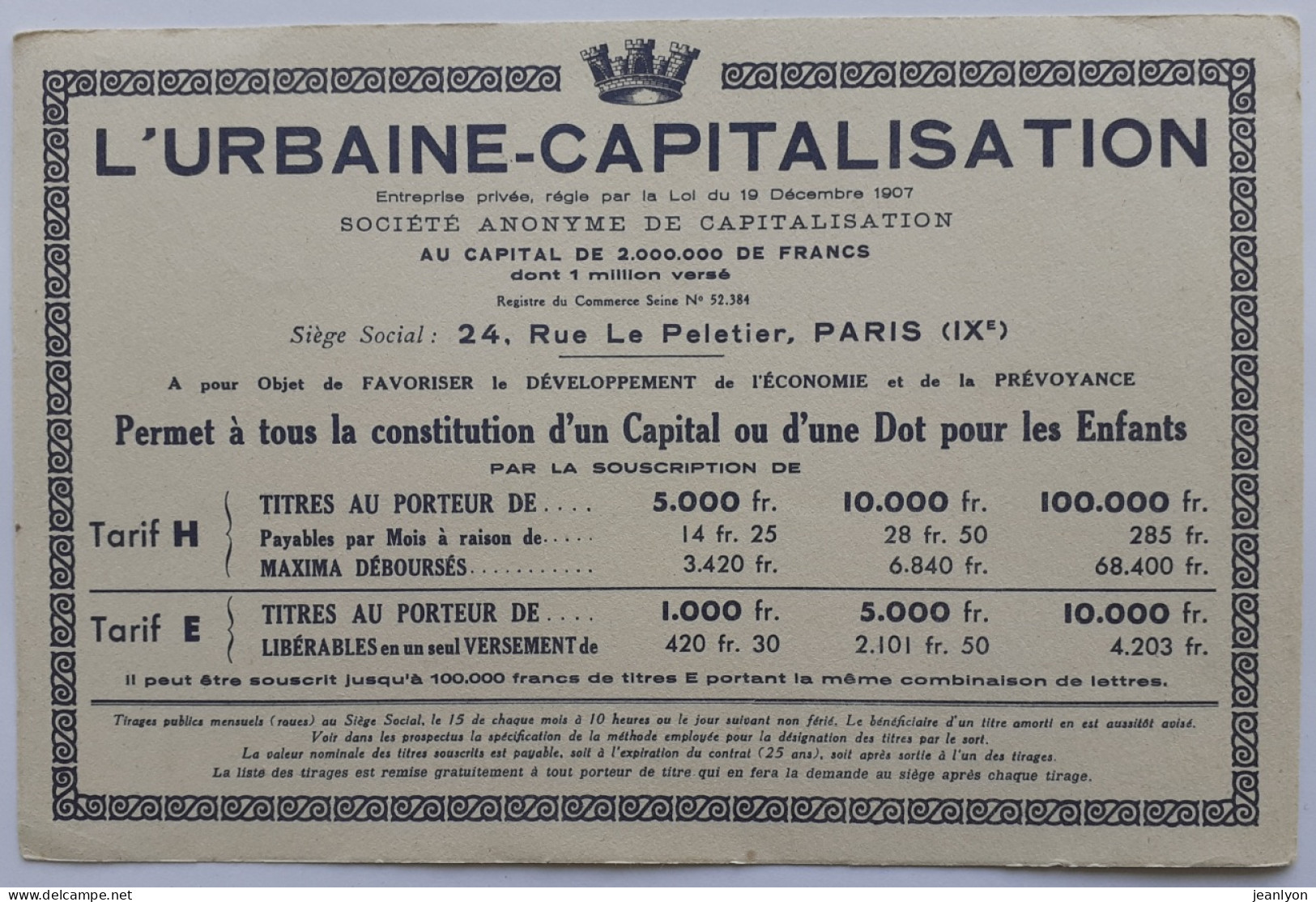 URBAINE CAPITALISATION - Rue Le Peletier Paris - Placement Financier - Buvard Publicitaire - Bank En Verzekering