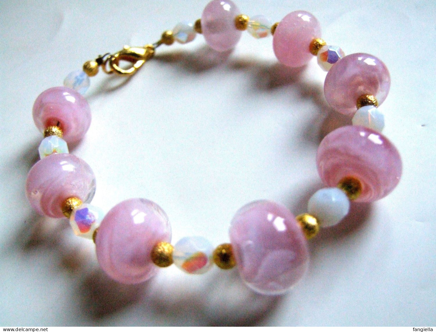 Parure Bracelet Et Boucles D'oreilles, Cadeau St Valentin, Rose Blanc Doré, Verre Artisanal Filé Au Chalumeau, Bijoux Fe - Colliers/Chaînes