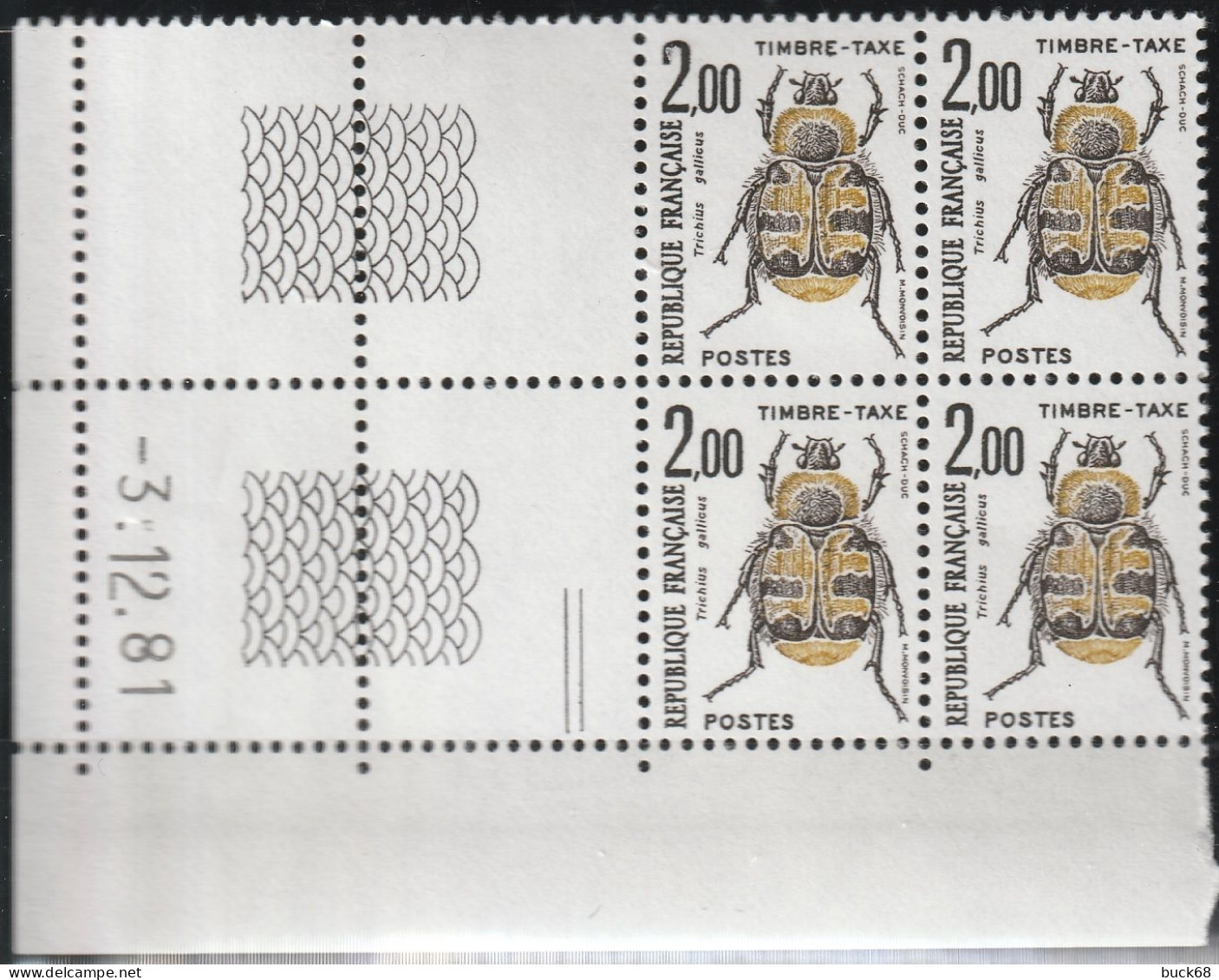 FRANCE Taxe 107 ** MNH Insecte Trichius Gallitus Bloc De 4 Coin Daté 3.12.81 1981 - Taxe