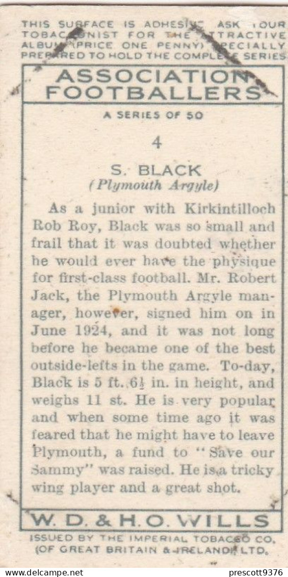 4 S Black Plymouth Argyll  - Wills Cigarette Card - Association Footballers, 1935 - Original Card - Sport - Wills