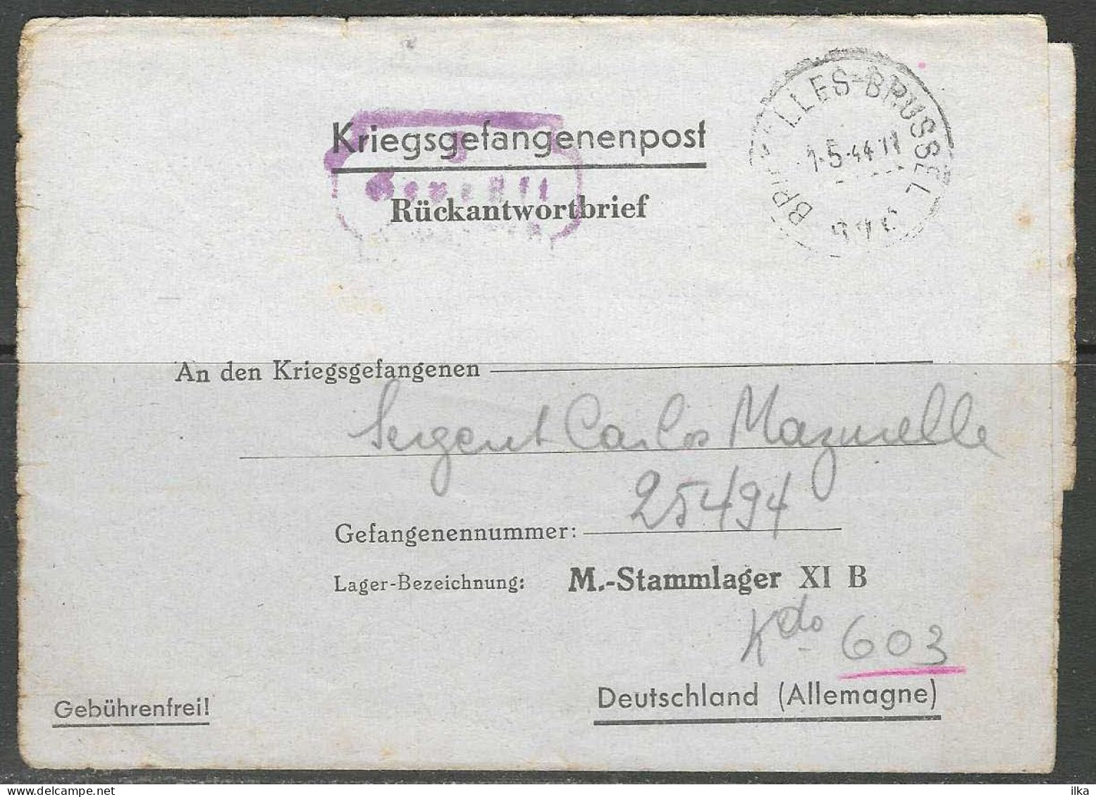 Kriegsgefangenenpost - Mme R. Mazurelle Bruxelles >> Sergent C. Mazurelle Gef. N° 25494 M.-Stammlager XI B Deutschland. - Prisoners Of War Mail