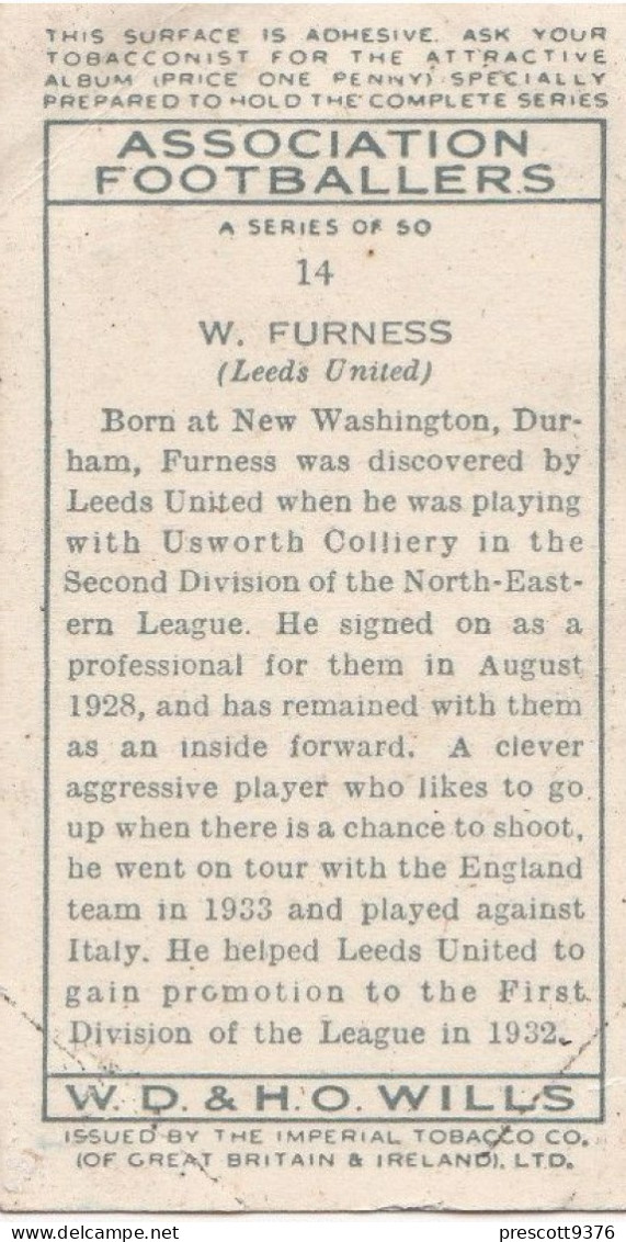 14 W Furness, Leeds United FC  - Wills Cigarette Card - Association Footballers, 1935 - Original Card - Sport - Wills