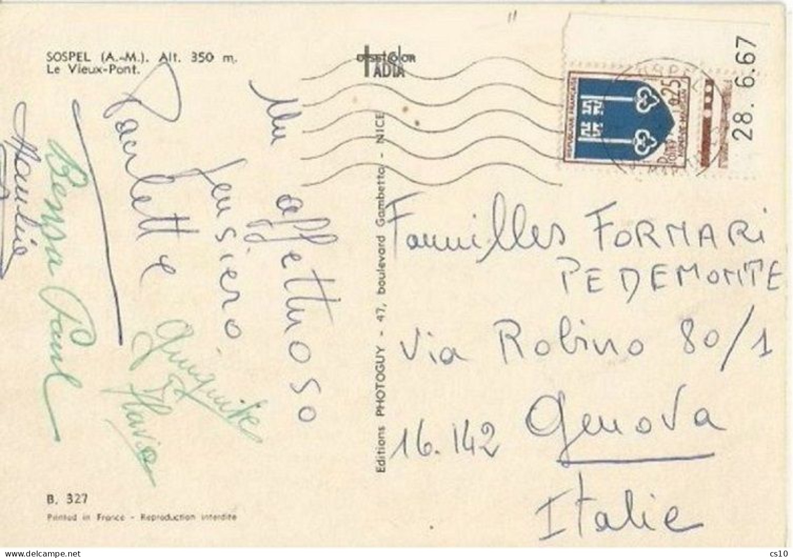 France Ecusson Marsan F0,25 COIN DATE' 28.6.67 Used Pcard Sospel 25mar68 X Italy - Briefe U. Dokumente