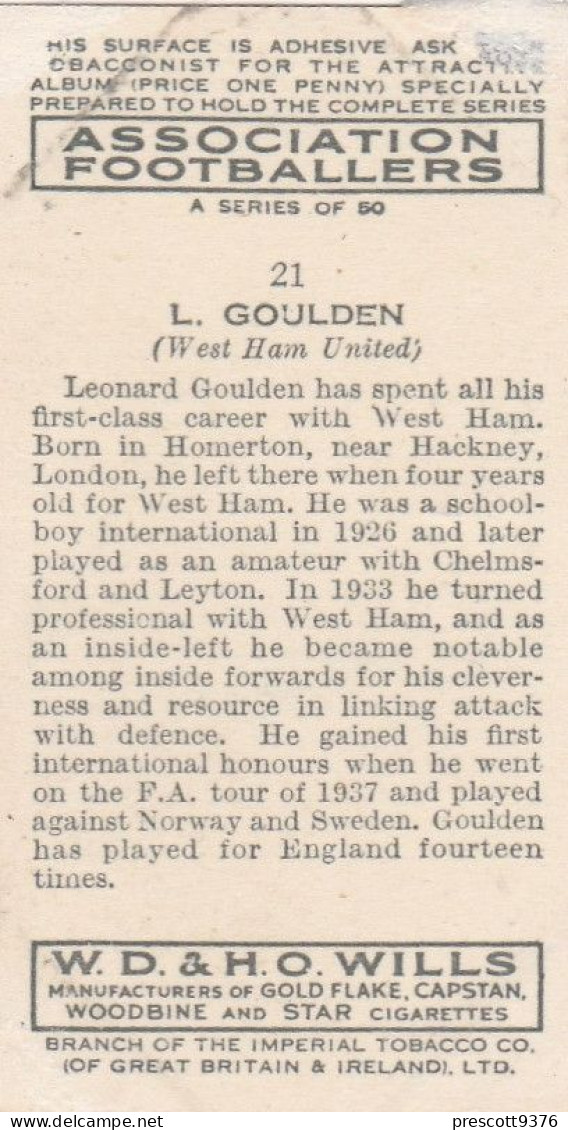 21 Leonard Goulen, West Ham United FC  - Wills Cigarette Card - Association Footballers, 1935 - Original Card - Sport - Wills