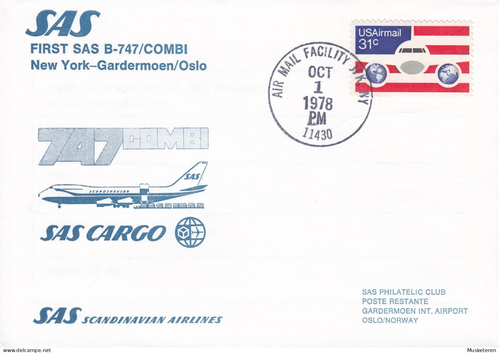 United States First SAS Cargo B-747/Combi NEW YORK - GARDERMOEN/OSLO, JFK NEW YORK 1978 Cover Brief Lettre - Sobres De Eventos