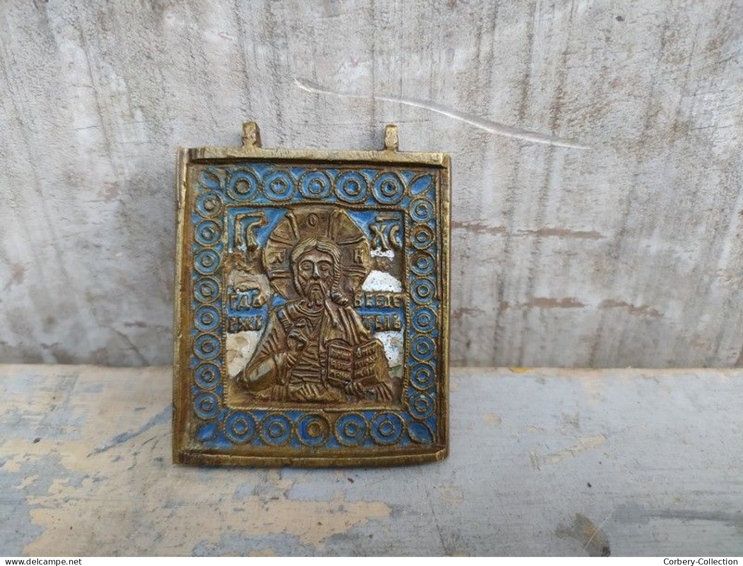 Petite Icone De Voyage Russe Bronze Email XIXème Christ Pantocrator Russian Icon Ikon Enamel - Religiöse Kunst