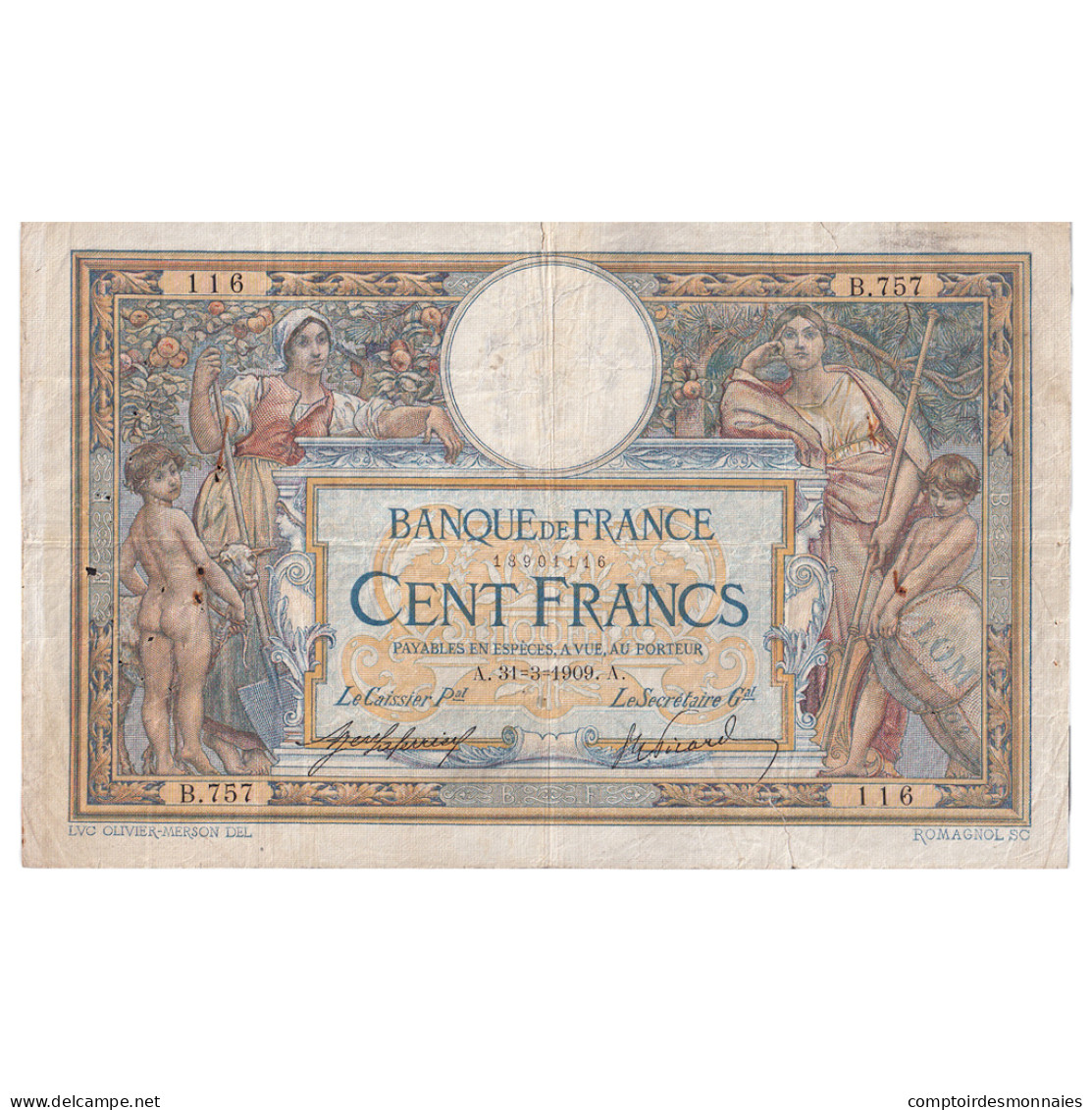 France, 100 Francs, Luc Olivier Merson, 1909, B.757, TB, Fayette:22.2, KM:69 - 100 F 1908-1939 ''Luc Olivier Merson''