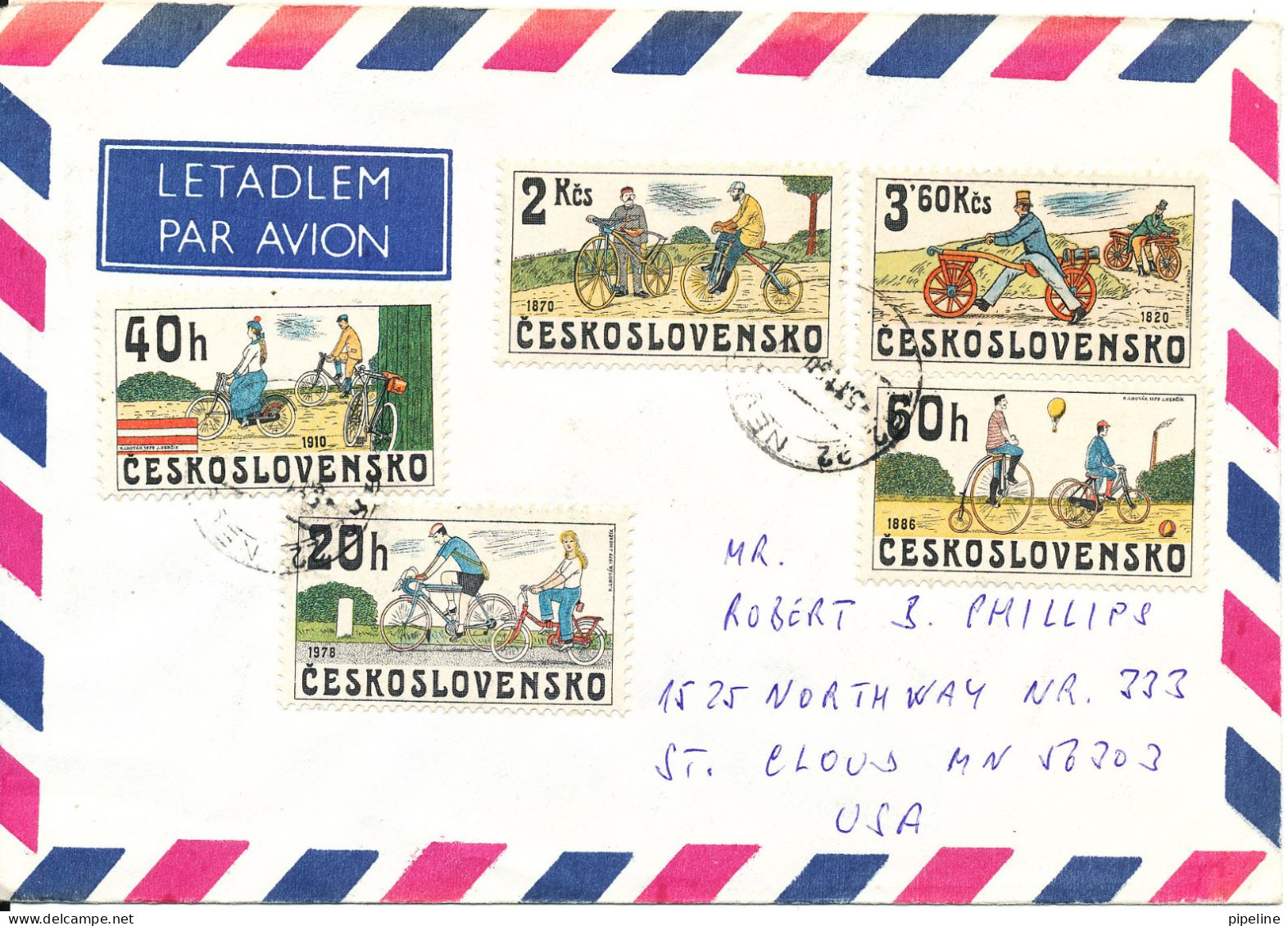 Czechoslovakia Air Mail Cover Sent To USA 5-11-1980 With Complete Set Of 5 Historical Bicycles - Storia Postale