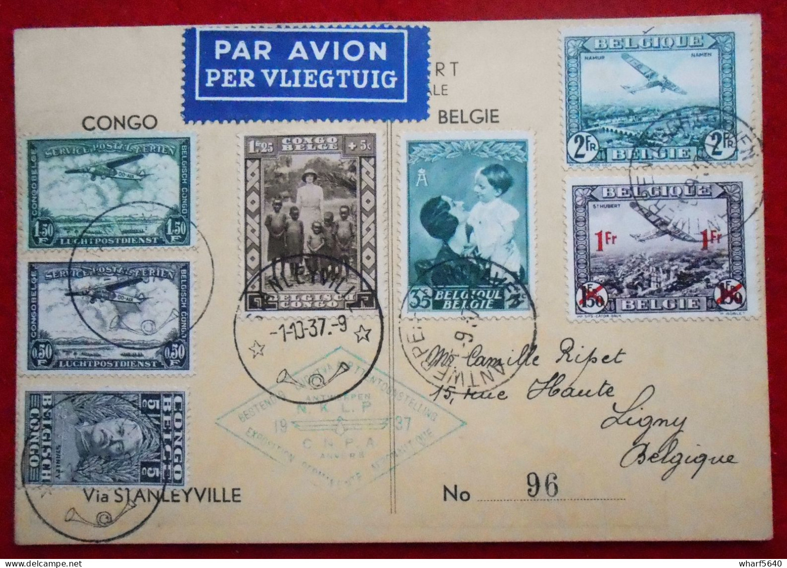 CPA 1937 Propagande Aéronautique Anvers/ Timbres Congo, Belgique, Poste Aérienne. De Anvers Vers Ligny Via Stanleyvillle - Used