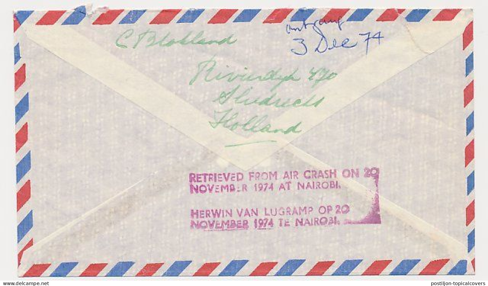 Crash Mail Cover Sliedrecht The Netherlands - USA 1974 - Nierinck 741120 - Nairobi Kenya - Posta Aerea