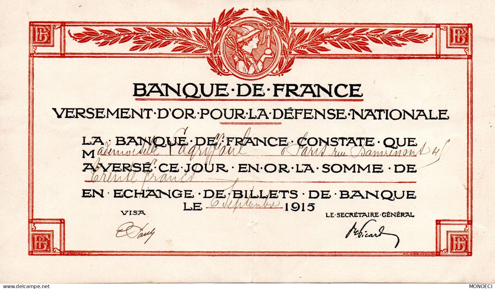 FRANCE -- Reçu Versement D' OR Pour La Défense Nationale -- 6 Septembre 1915 -- BANQUE De FRANCE - Gebruikt