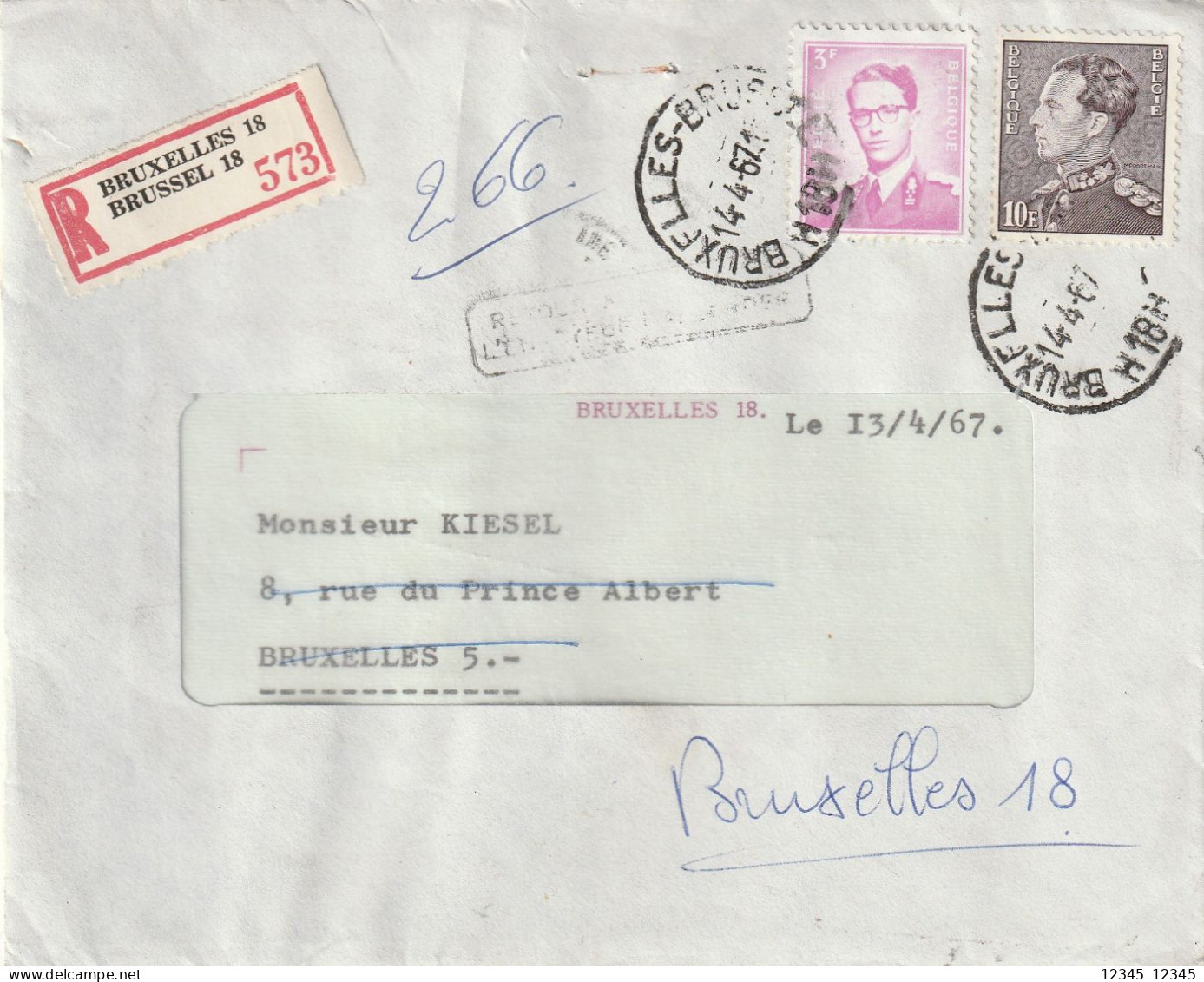 Registered Letter 14-4-1967 From Brussel, Absent Elsene 2-5-67 (letter Not Opened) - Briefe U. Dokumente