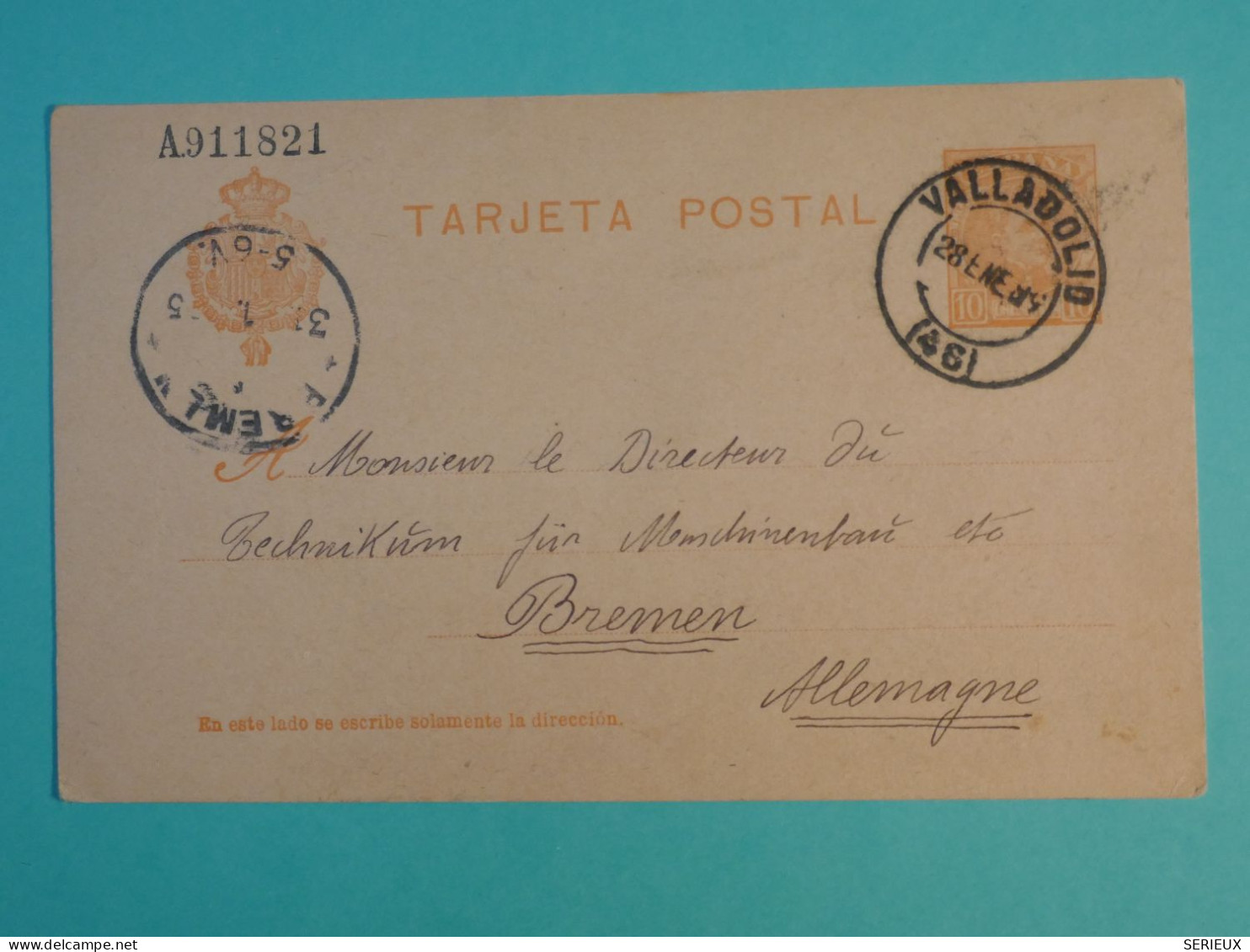 DI 5 ESPAGNE BELLE CARTE 1905 VALLADOLID A  BREMEN ALEMANIA  ++AFF. INTERESSANT++++ - 1850-1931