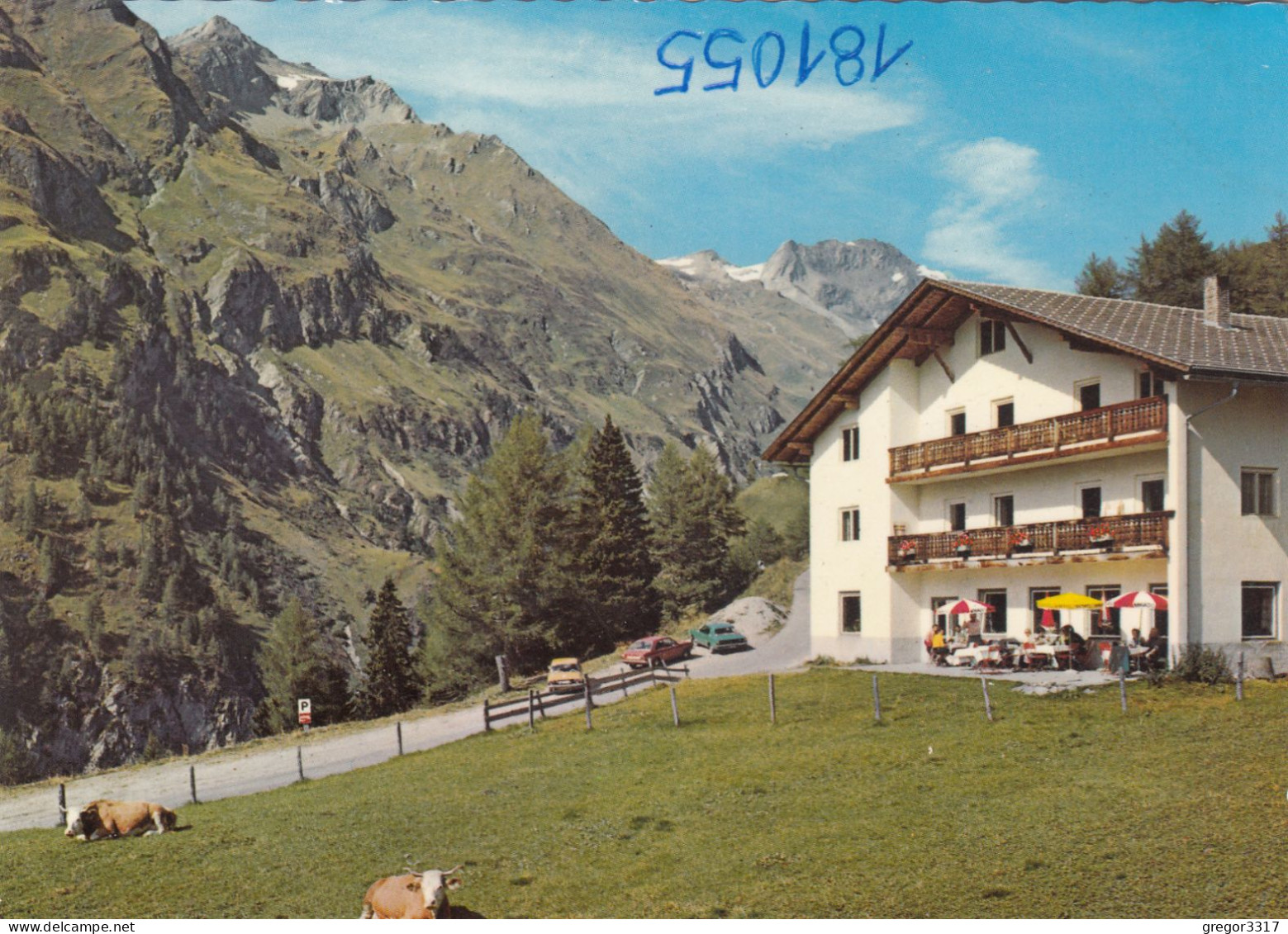 E3588) KALS Am Großglockner - Alpengasthof MOA ALM - ältere Farbfoto AK  AUTO Kühe Gastgarten - Kals