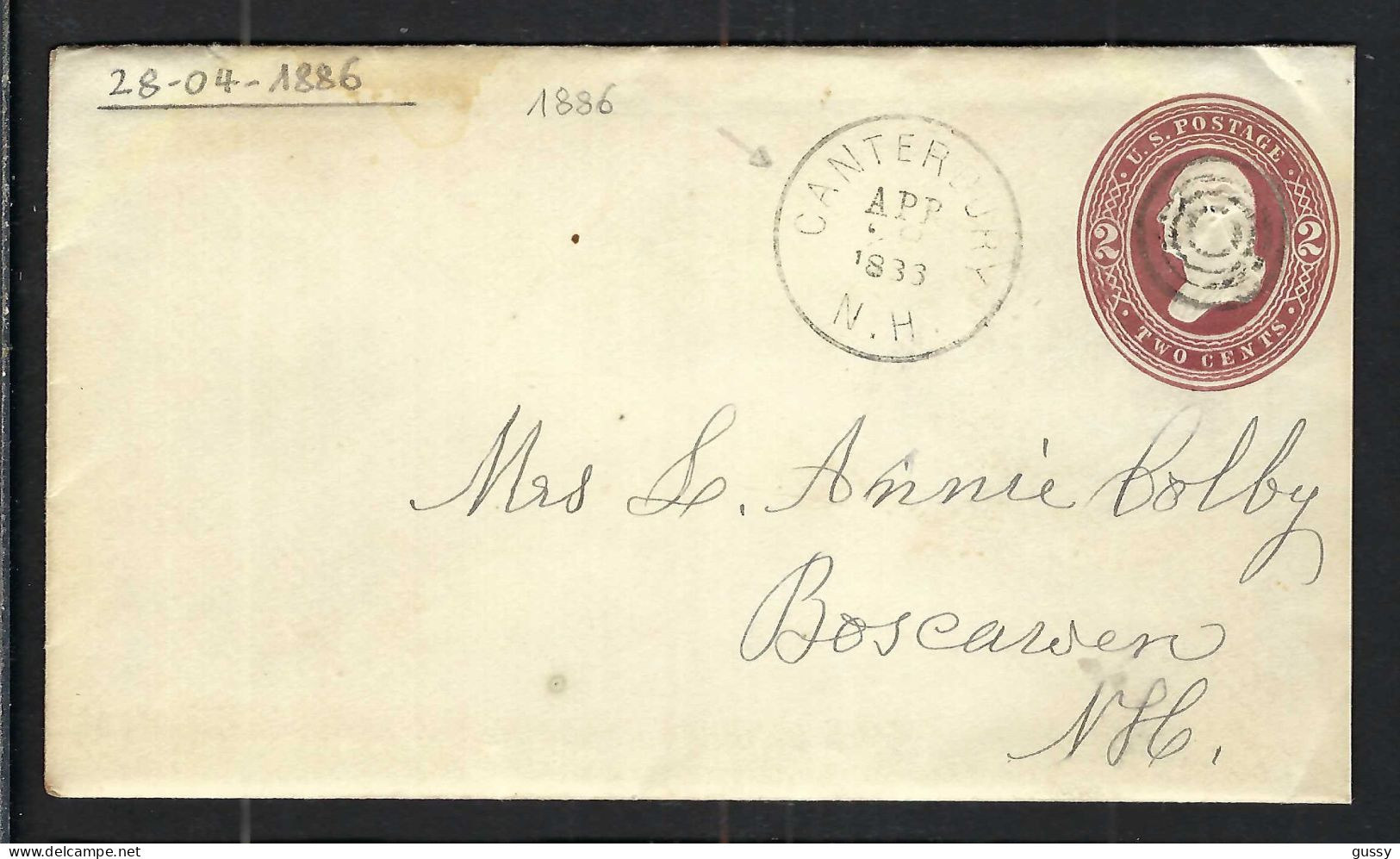 ETATS UNIS Ca.1886: LSC Entier De 2c De Canterbury (N.H.) à Boscawen (N.H.) Avec Fancy Cancel "4 Circle Target" - ...-1900