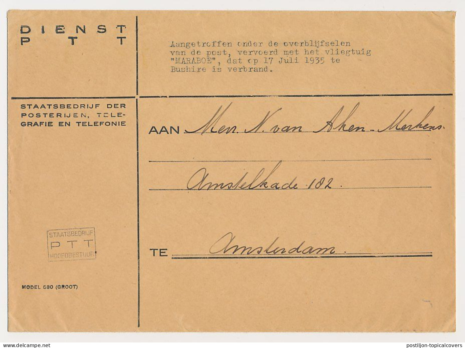 Crash Mail Cover Netherlands Indies - Amsterdam 1935 - Nierinck 350717 - Bushire Iran - Maraboe - Luchtpost