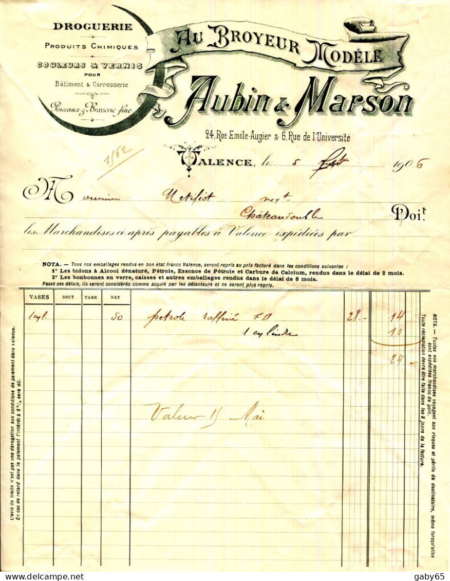FACTURE.26.DRÔME.VALENCE.DROGUERIE.COULEURS & VERNIS.AUBIN & MARSON " AU BROYEUR MODÈLE " 14 RUE EMILE AUGIER. - Perfumería & Droguería