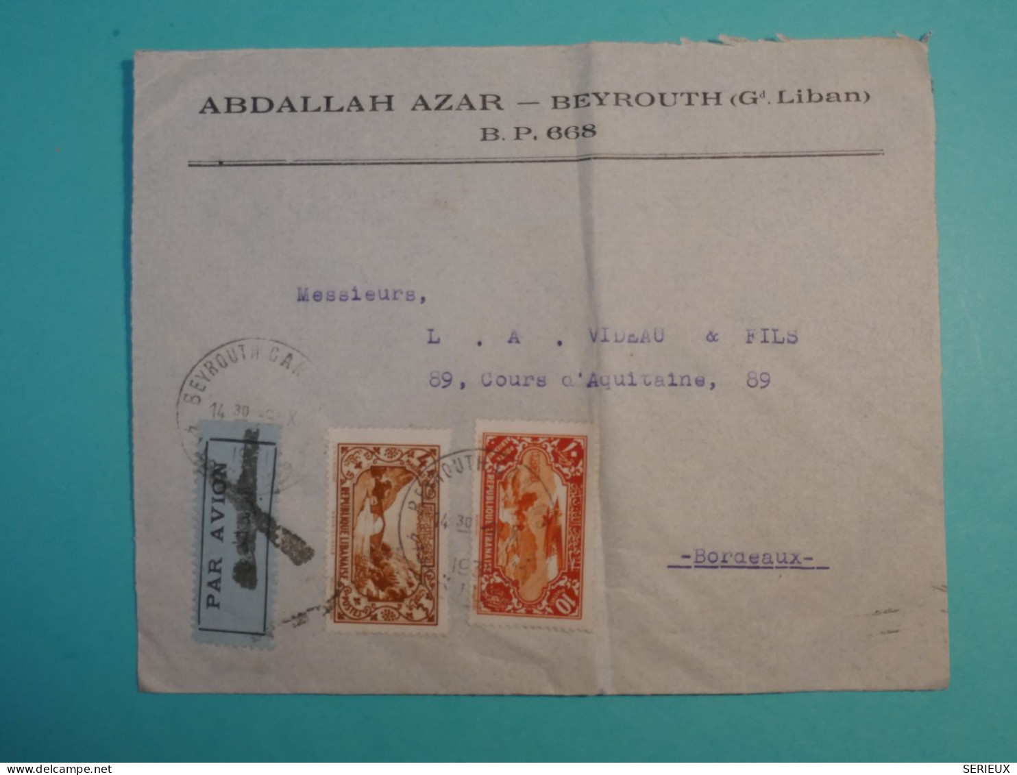 DI 6  LIBAN     BELLE  LETTRE 1931 BEYROUTH A BORDEAUX FRANCE +SURCHARGE+AFF. INTERESSANT++ ++ - Brieven En Documenten