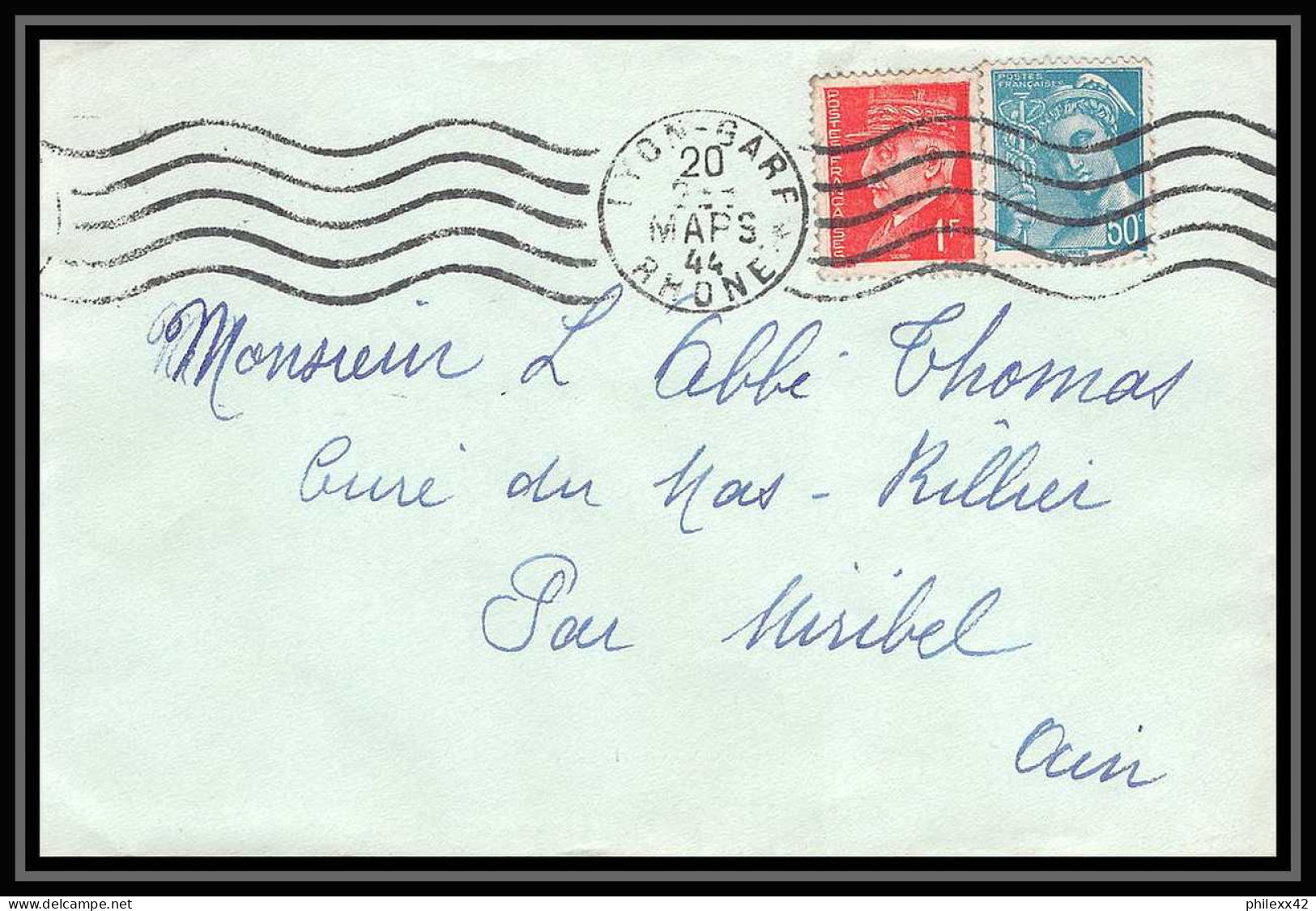 6237/ France Lettre (cover) N°514 Pétain + Mercure 549 1944 Lyon Gare Flier Pour Miribel AIN (abbé Thomas) - 1941-42 Pétain