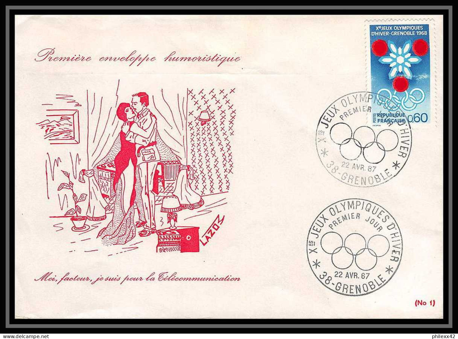 6514/ France Lettre Illustrée N°1520 Jeux Olympiques Olympic Games Grenoble 68 Enveloppe Humoristique Telecommunications - Winter 1968: Grenoble