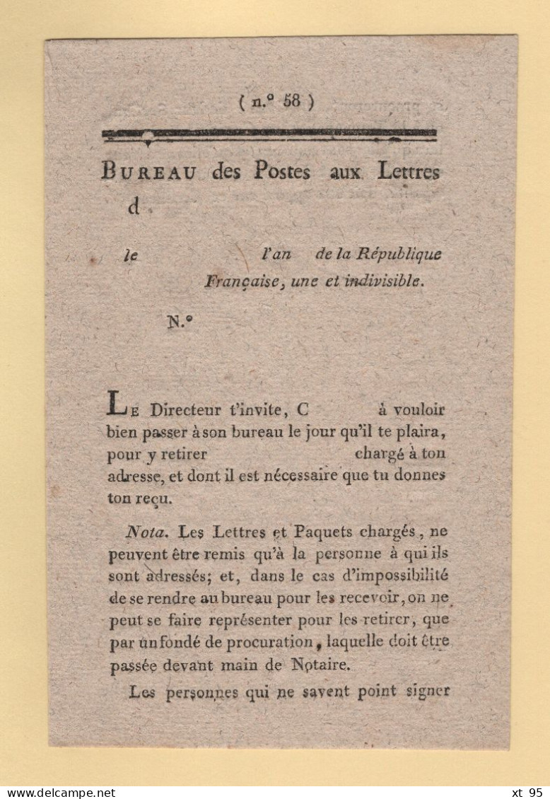 Petit Formulaire Neuf - Retrait De Lettre Ou Paquet Charge - Bureau Des Postes Aux Lettres - 1701-1800: Precursors XVIII