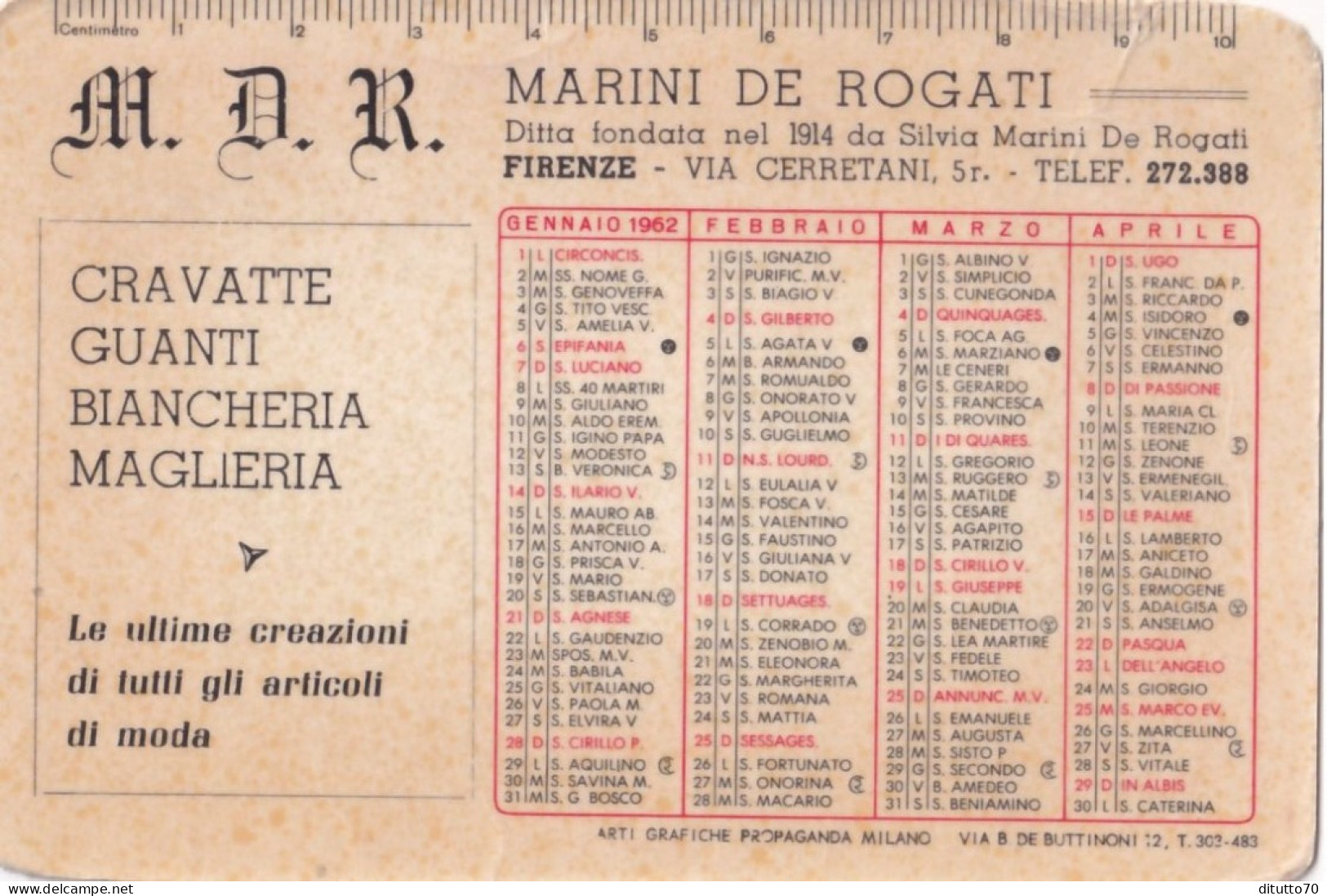 Calendarietto - Cravatte - Guanti - Marini De Rogati - Firenze - Anno 1962 - Formato Piccolo : 1961-70