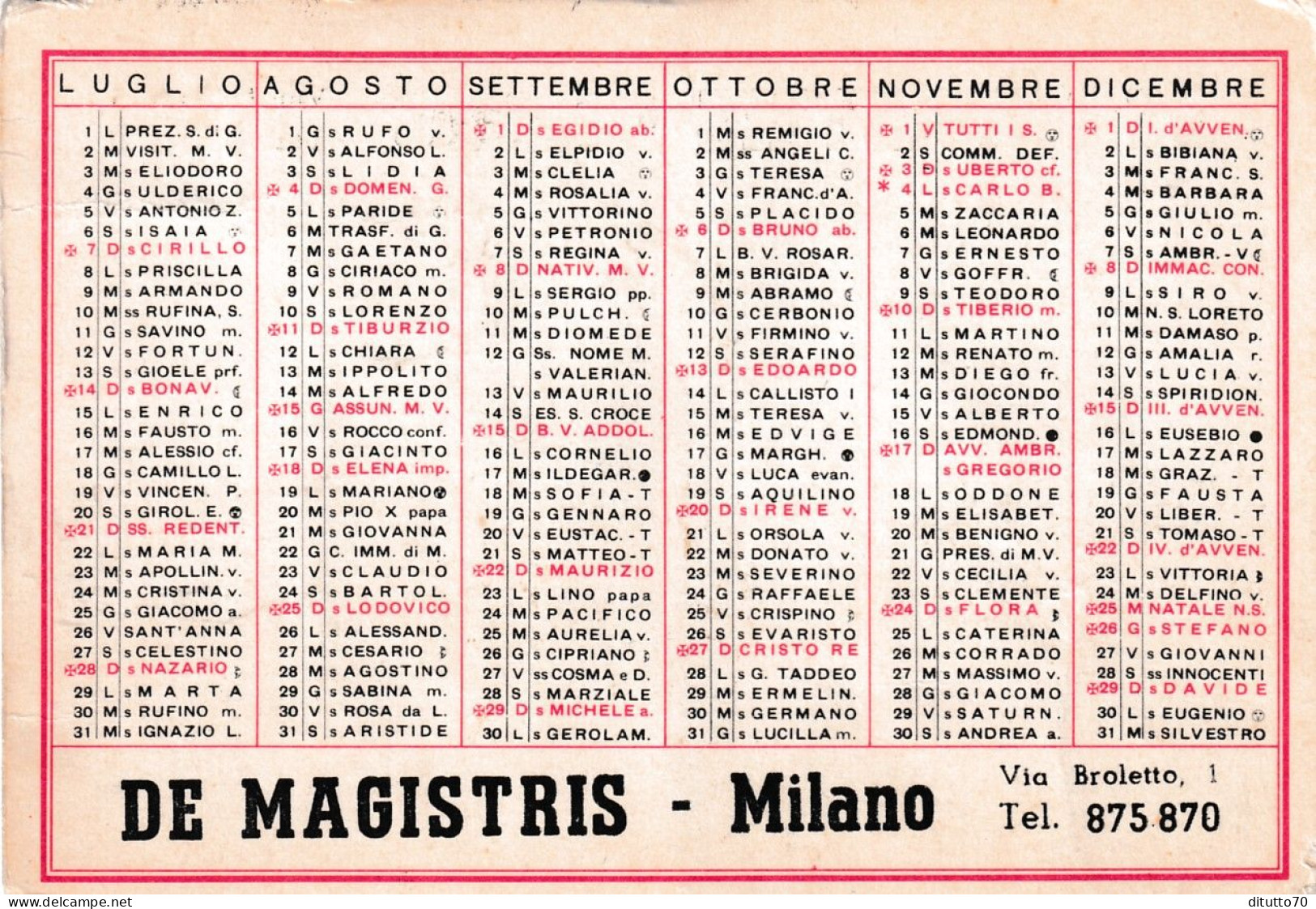 Calendarietto - De Magistris - Milano - Anno 1963 - Formato Piccolo : 1961-70