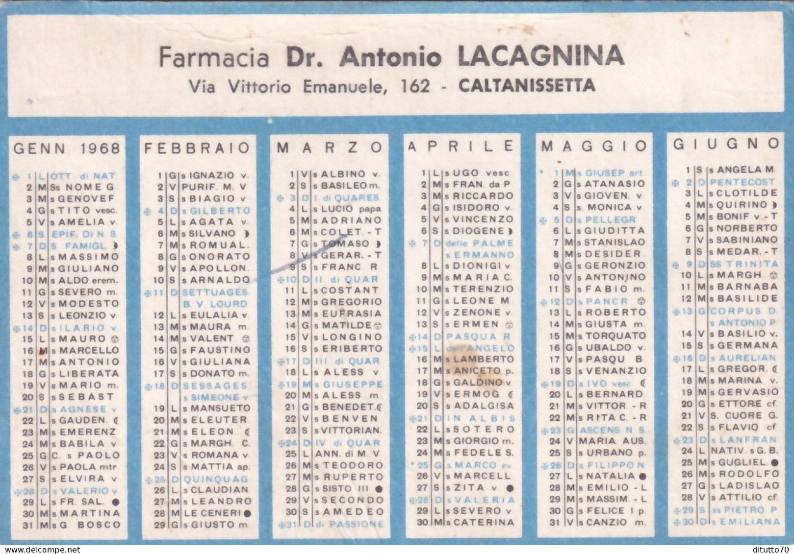 Calendarietto - Farmacia Dr.antonio Lacagnina - Caltanissetta - Anno 1968 - Formato Piccolo : 1961-70