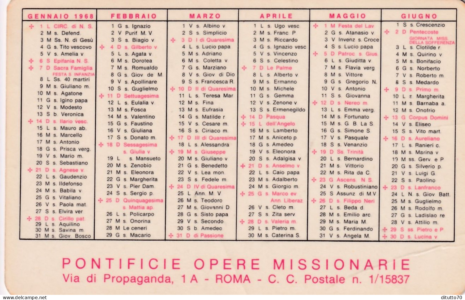 Calendarietto - Pontificie Opere Missionarie - Roma - Anno 1968 - Formato Piccolo : 1961-70