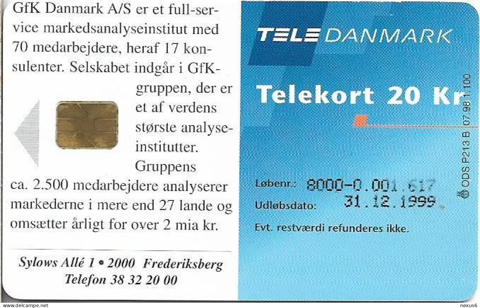 Denmark - Tele Danmark (chip) - GFK Danmark AS - TDP213B - 07.1998, 1.100ex, 20kr, Used - Danemark