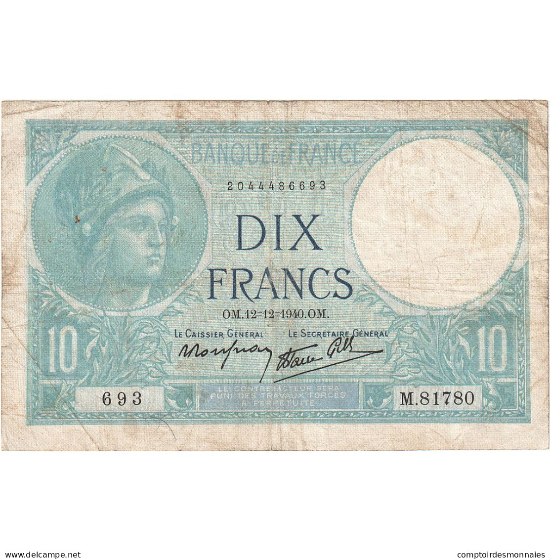 France, 10 Francs, Minerve, 1940, C.81780, TTB, Fayette:07.24, KM:84 - 10 F 1916-1942 ''Minerve''