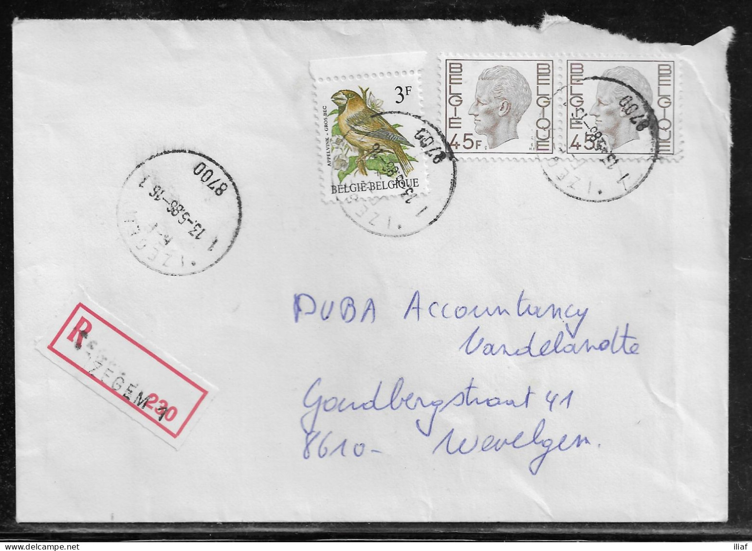 Belgium. Stamps Mi. 2141, Mi. 2037 On Registered Letter Sent From Izegem On 13.05.1986 For Wevelgem - Lettres & Documents