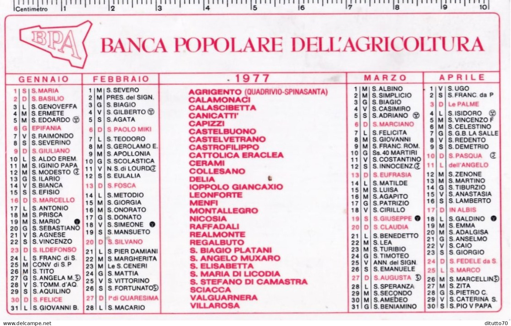 Calendarietto - Banca Popolare Dell'agricoltura - Anno 1977 - Petit Format : 1971-80