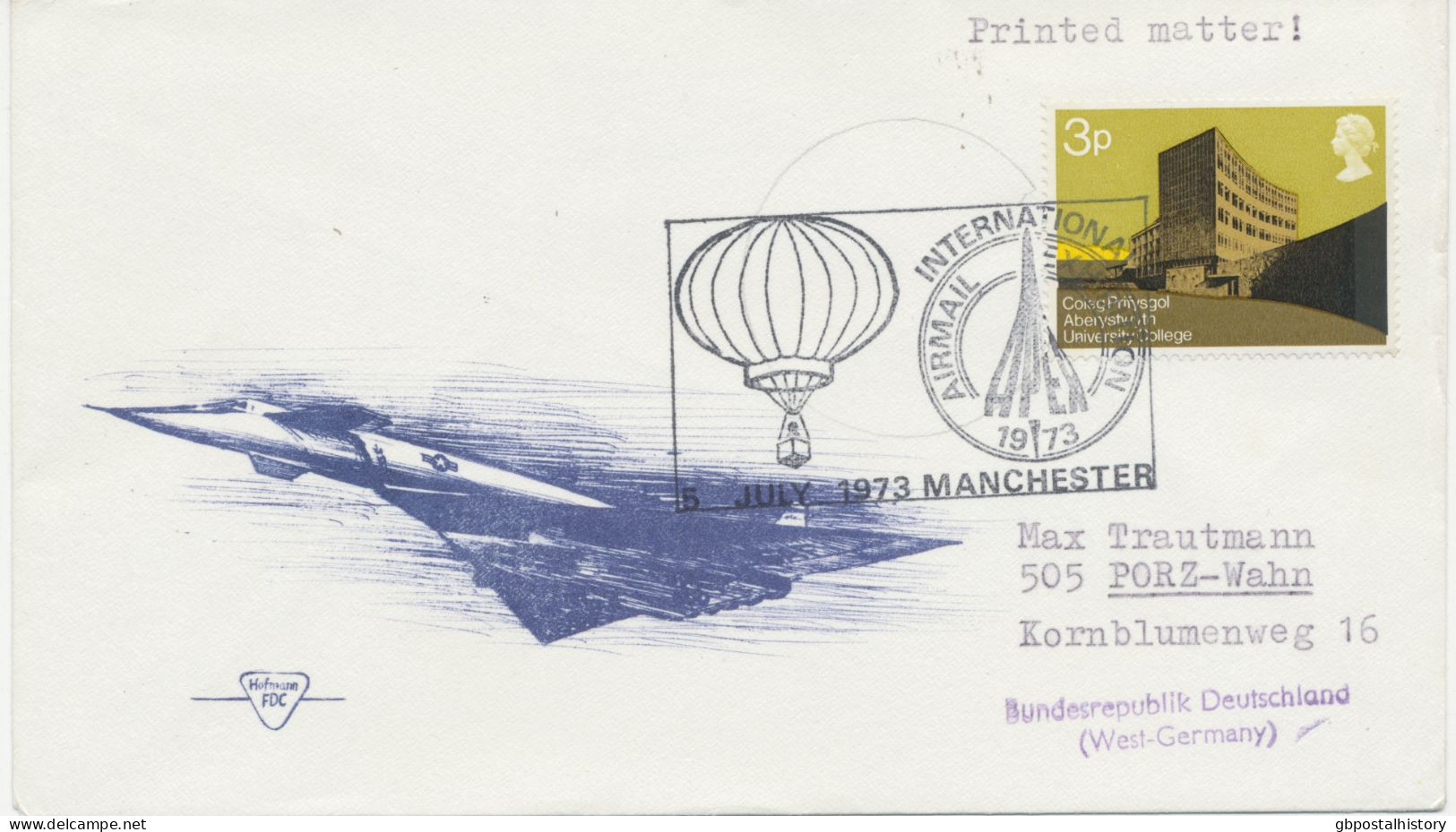 GB 1973 University 3p Single Postage On Printed Matter Flight Cover W Special Handstamp INTERNATIONAL AIRMAIL EXHIBITION - Stamped Stationery, Airletters & Aerogrammes