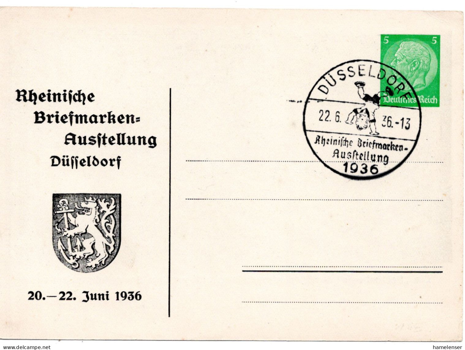 62147 - Deutsches Reich - 1936 - 5Pfg Hindenburg PGAAnsKte SoStpl DUESSELDORF - RHEINISCHE BRIEFMARKEN-AUSSTELLUNG - Enteros Postales Privados