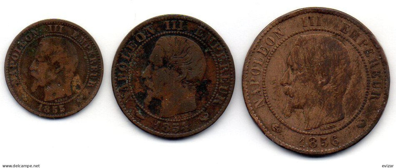 FRANCE, Set Of Three Coins 2, 5, 10 Centimes, Bronze, Year 1855-W, 1854-W, 1856-W,  KM # 776.7, 777.7, 771.7 - Other & Unclassified