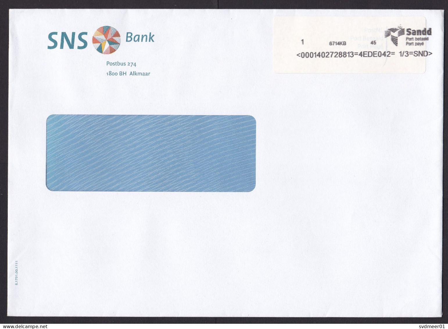 Netherlands: Cover, Postage Paid, Via Sandd, Private Postal Service, Sent By SNS Bank (minor Damage At Back) - Brieven En Documenten