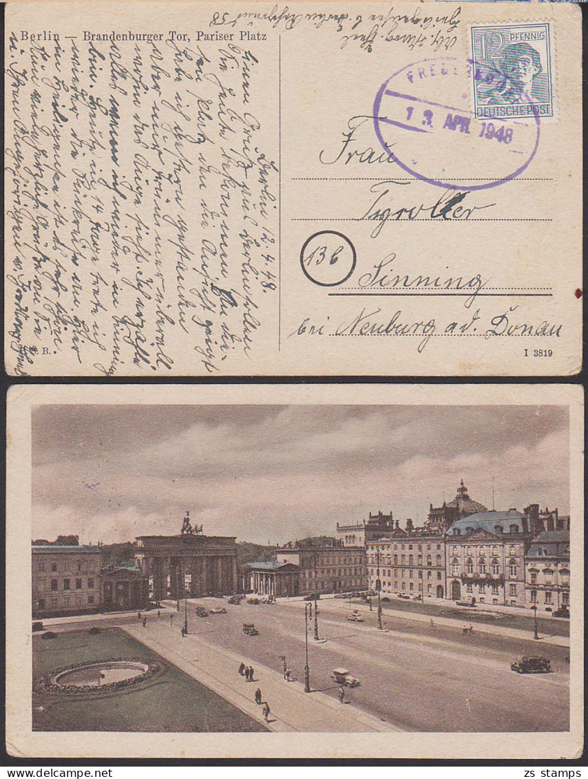 Fredersdorf Fernkarte Mit Ovalem St. 13.  APR. 1948 Nach Sinning Bei Neuburg, Ak Berlin Brandenburger Tor - Lettres & Documents